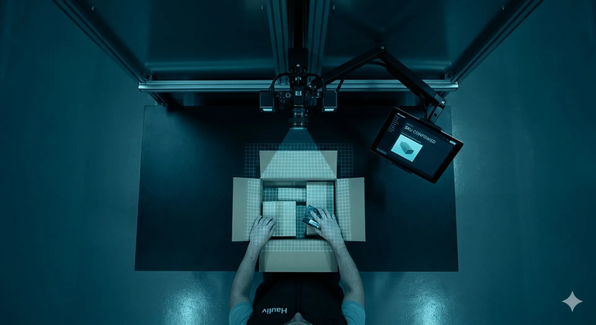 Overhead view of Hauliv AI-powered 4K camera system monitoring order packing at the pack bench