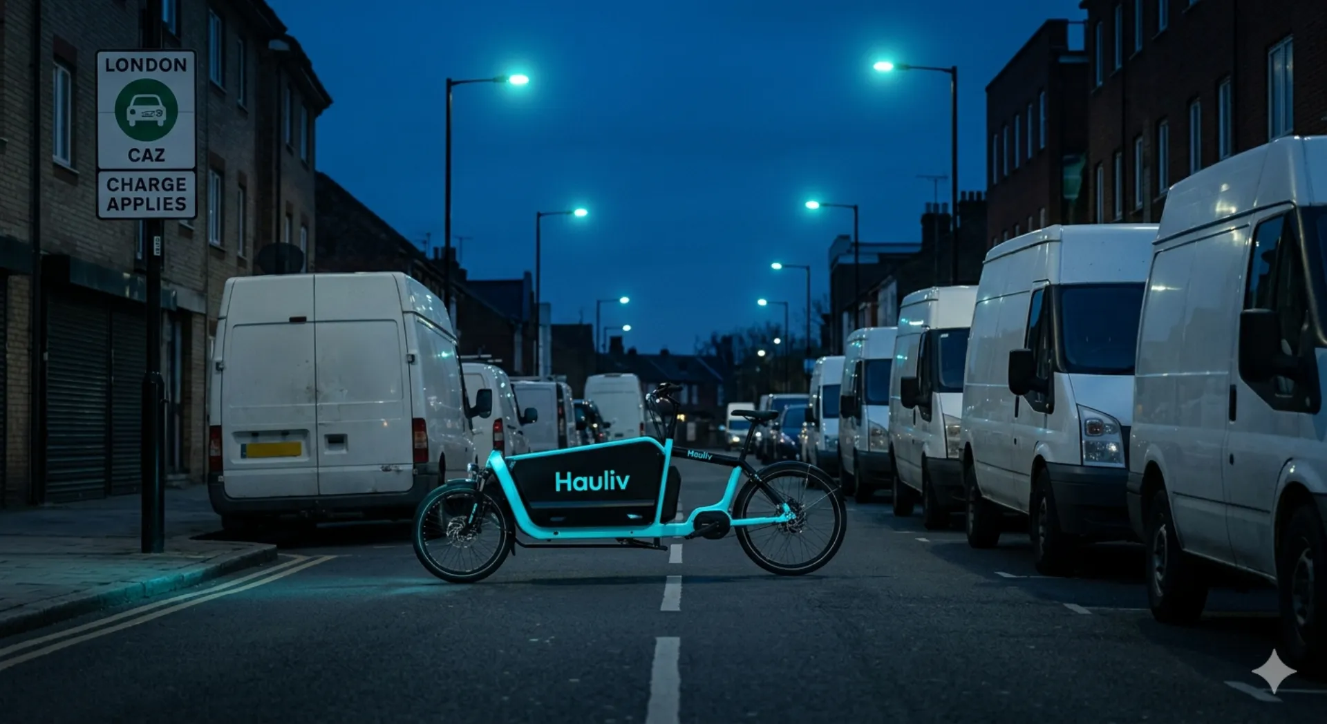 Hauliv branded cargo bike for last-mile delivery on a London street at dusk